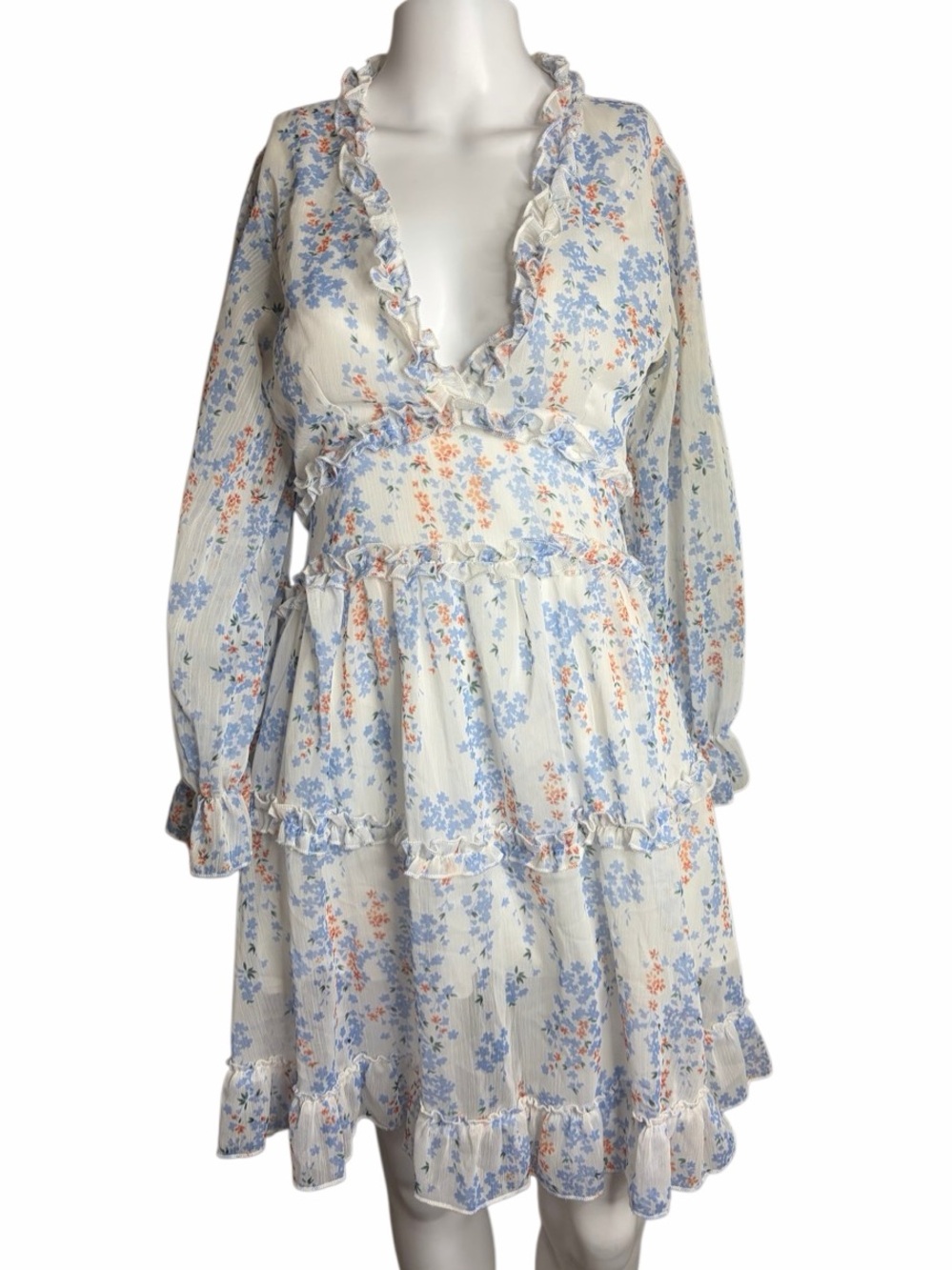Conscious Floral Ruffle V-Neck Midi Dress White Blue Medium